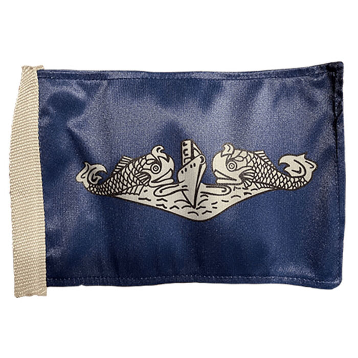 Blue flag with silver dolphins